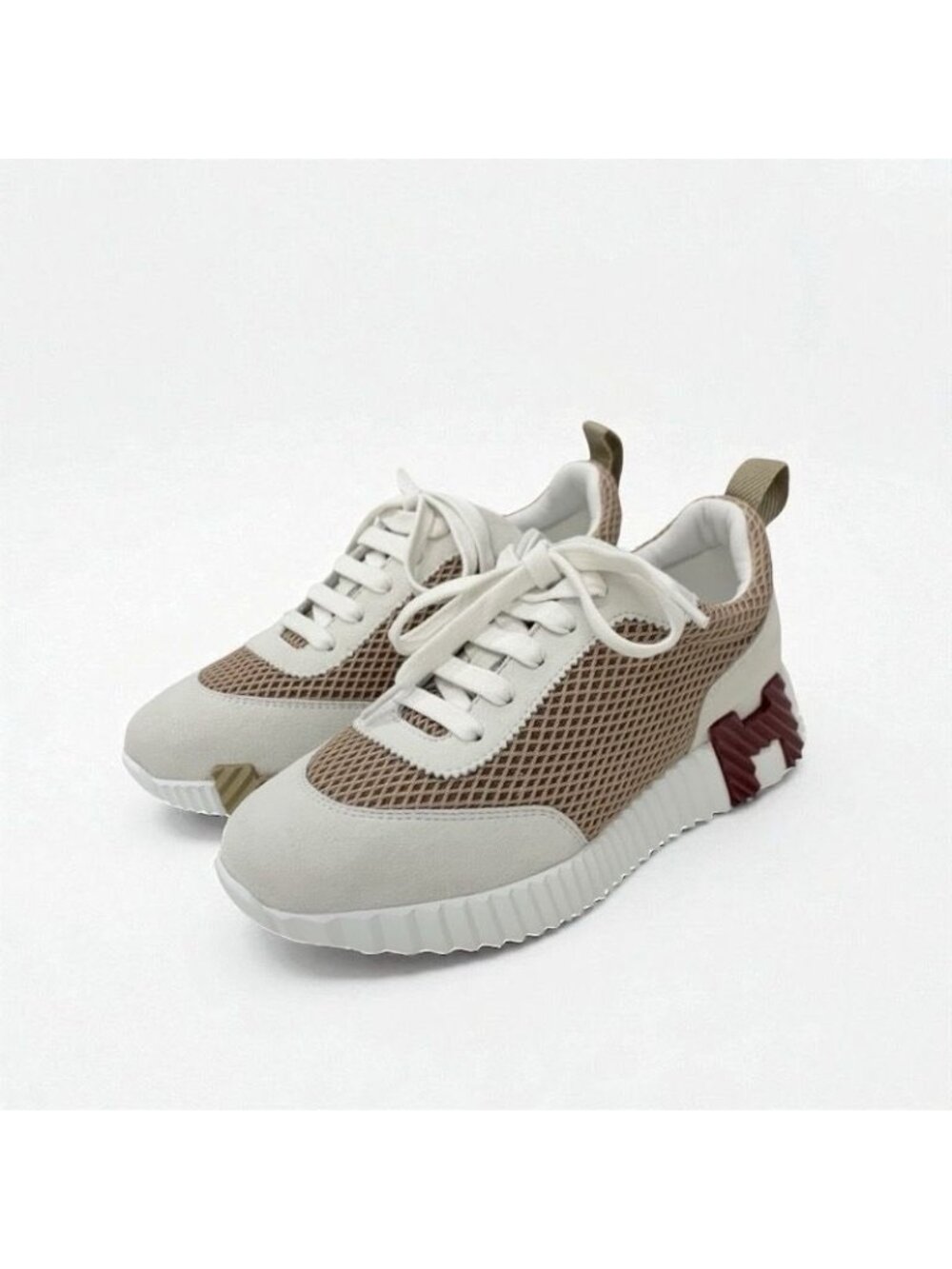 Hermes Bouncing Sneakers Shoes Fabric Suede Beige White - Picture 2 of 11